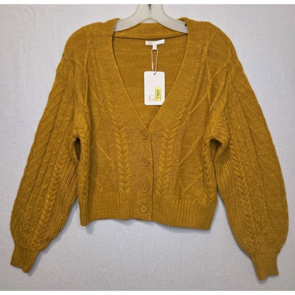 GB Gianni Bini Small Cardigan Mustard Yellow Cropped Oversized Sweater New